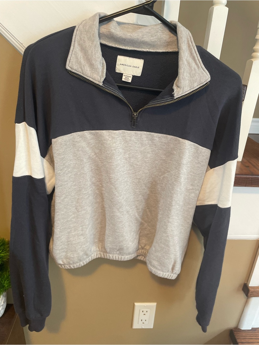 American Eagle Outfitters Gray, Navy & White Half-Zip Colorblock Pullover